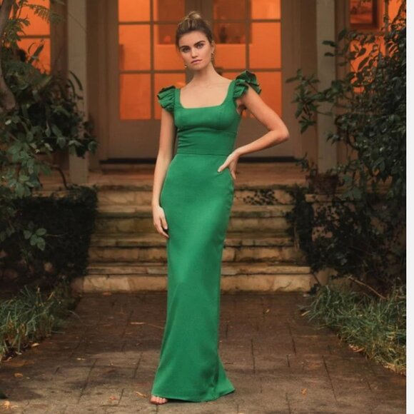 Mac Duggal 27109 Size 12 Green Ruffle Ruffled Cap Sleeve Long Maxi Dress Gown - Picture 1 of 5
